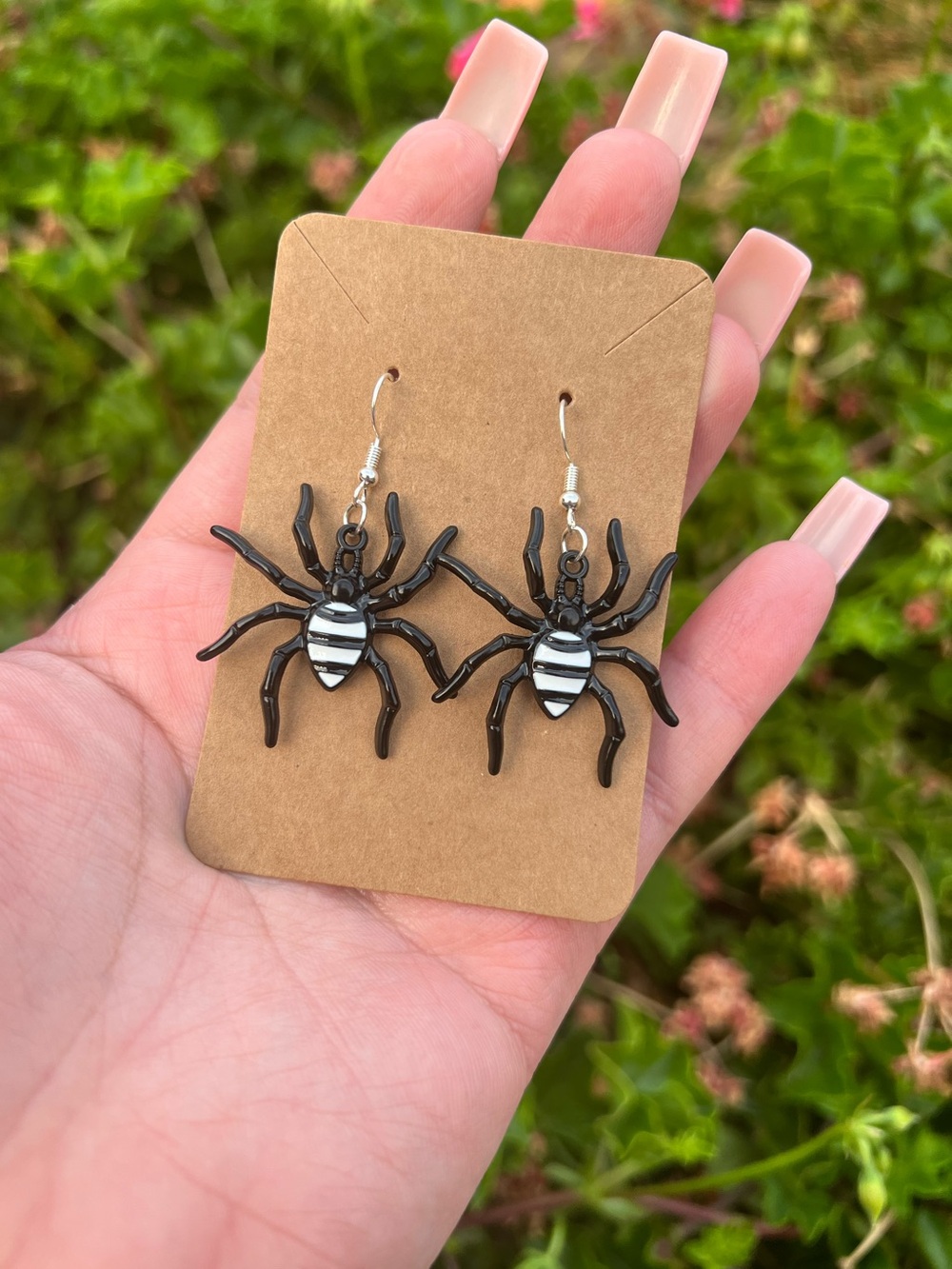 BLACK AND WHITE STRIPED SPIDER EARRINGS